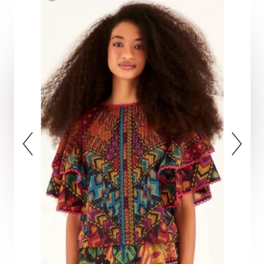 Farm Rio Yawanawa Stripes Blouse: Colorful Geometric Patterned Women's Top NWT - Picture 2 of 7